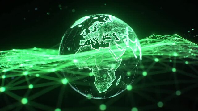 Glowing digital globe with network lines in futuristic style on dark background, concept of global connectivity