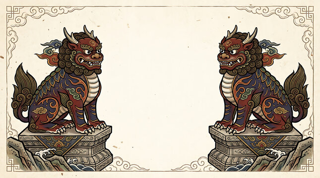 Pair of guardian lions haetae, Korean minhwa folk painting