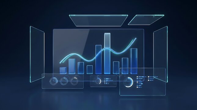 Futuristic financial data visualization with glowing holographic bar chart and line graph on transparent screens