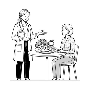 Dietitian with food portion model illustration for nutrition websites and healthy eating awareness campaigns