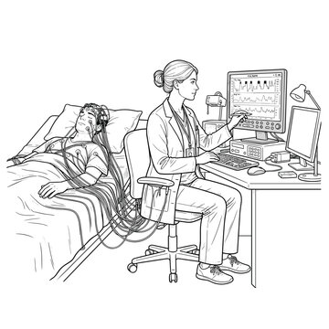 Sleep technologist monitoring patient with polysomnography for sleep clinic websites