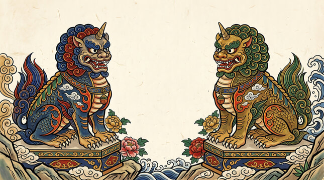 Korean minhwa haetae guardian lions, folk art with copy space