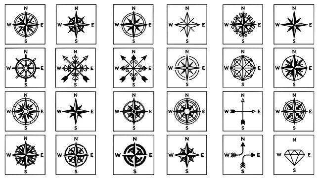 Compass rose designs grid with vintage nautical symbols featuring directional arrows, cardinal points, and decorative borders with intricate linework and monochrome palette