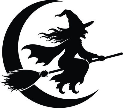 Witch silhouette flying on broomstick against crescent moon for Halloween.