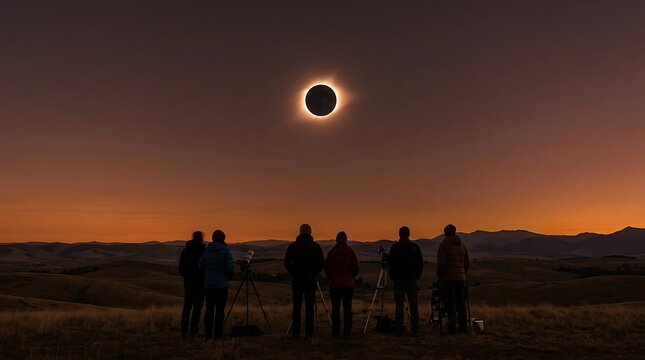 Observers silhouettes witness a total solar eclipse and glowing corona over rolling hills at dusk