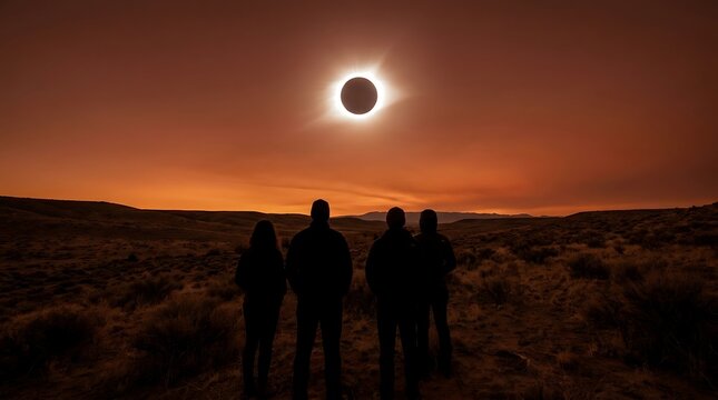 Silhouette of people watching a total solar eclipse in desert landscape with glowing corona in orange sky