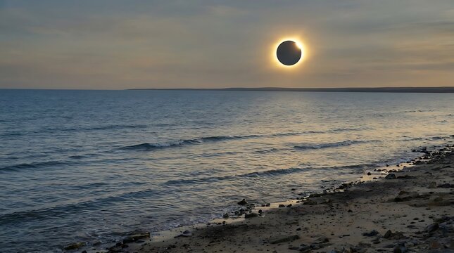 Breathtaking Total Solar Eclipse Casting a Golden Glow Over the Quiet Ocean Coastline