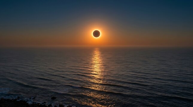 Breathtaking View of a Total Solar Eclipse Over the Calm Ocean Waters at Sunset or Sunrise