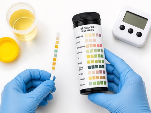 Laboratory technician analyzing urinalysis test strip with color chart bottle and urine sample cup on white background