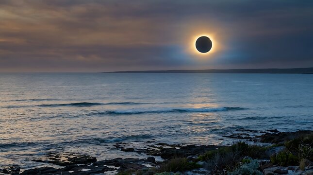 Stunning Total Solar Eclipse Over a Calm Ocean Coastline at Twilight with Dramatic Cloudy Sky