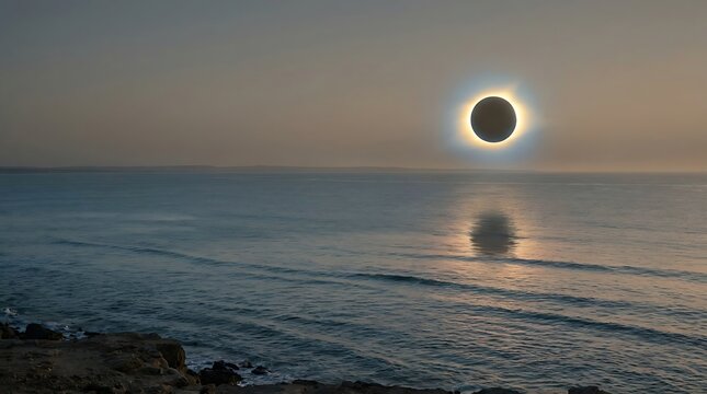 A breathtaking total solar eclipse over a calm ocean with shimmering water reflections at sunset