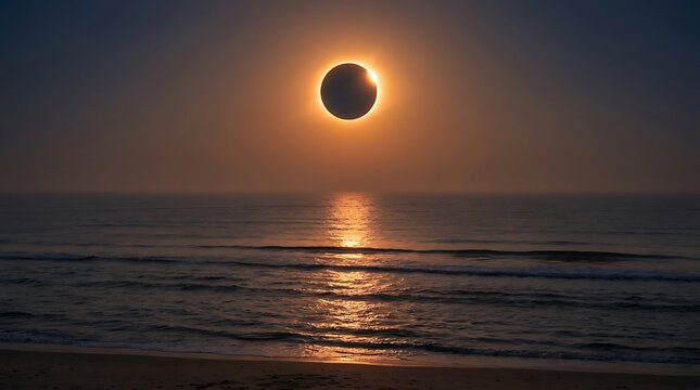 Total solar eclipse over the ocean with a dramatic glowing corona reflecting on water
