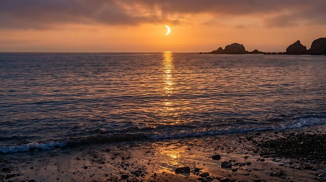 Serene Golden Hour Sunset Over a Calm Ocean Coastline with Distant Rocky Cliffs