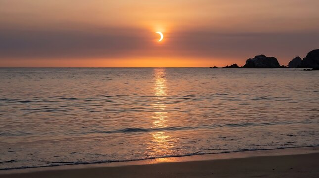 Partial solar eclipse over the ocean with orange hazy sky and gentle waves on a sandy beach during sunset