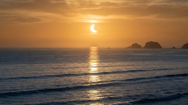 Partial solar eclipse appearing as a crescent sun over a golden ocean horizon at sunset