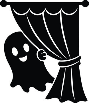 Ghost peeking behind black curtain vector illustration for spooky halloween themed party decor.