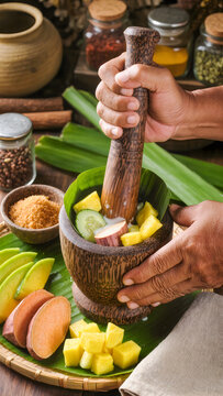 Chef Hands Preparing Traditional Indonesian Rujak Fruit Salad Crushing Fresh Fruits with Wooden Mortar and Pestle