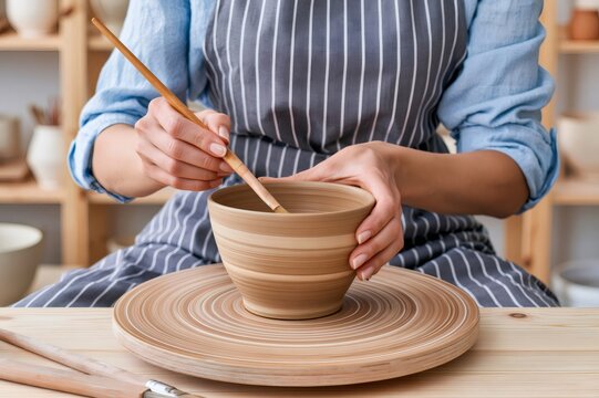 Artisan hands decorating ceramic bowl on potter's wheel