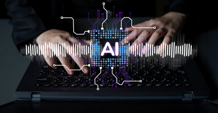 Hands Typing on Laptop with AI Technology Concept Represented by Circuit Design and Soundwave Patterns. Sentient.