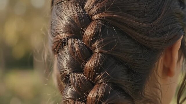 Slow Motion Rear View of Woman with Intricate French Braid in Golden Outdoor Sunlight