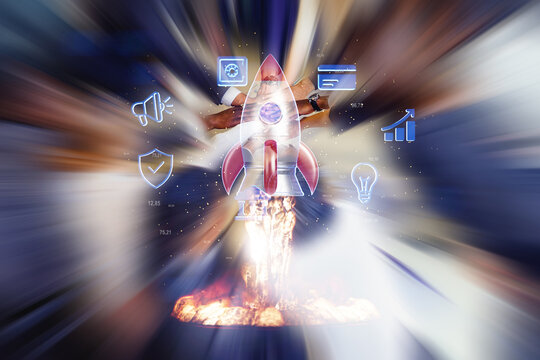 Rocket taking off with digital symbols representing technology and growth in a colorful background