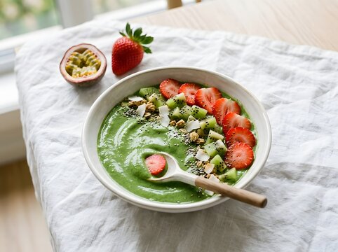 Green smoothie bowl topped with sliced strawberries kiwi coconut flakes chia seeds