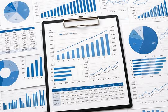 Clipboard with financial charts and graphs on a desk with business data reports