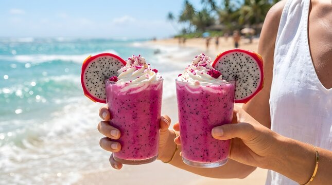 Two pink dragon fruit smoothies with whipped cream at the tropical beach pink smoothie sea waves