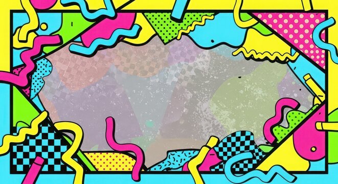Colorful abstract frame with vibrant patterns and playful shapes on a pastel.