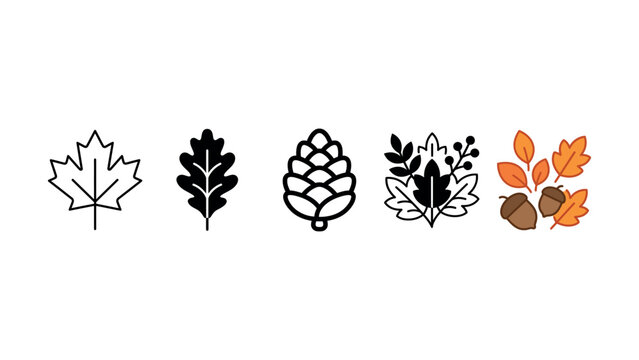 Set of autumn season icons featuring various leaves pinecones and acorns
