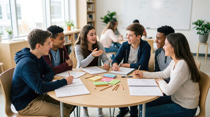 Obraz premium Group of diverse students engaged in collaborative learning at a round table in a modern classroom, with notebooks and colorful sticky notes visible