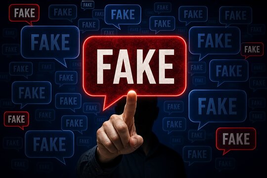 Hand pointing at glowing red fake speech bubble among many others on dark background