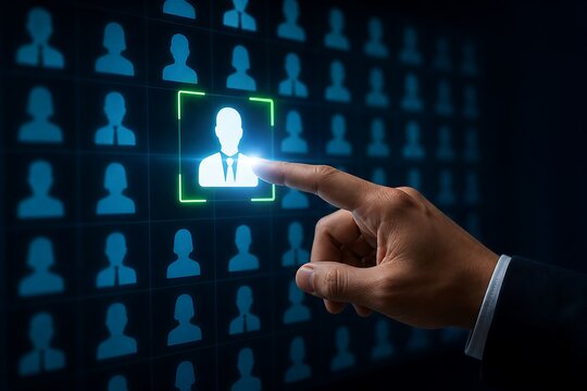 Business person selecting a professional profile on a digital interface with icons