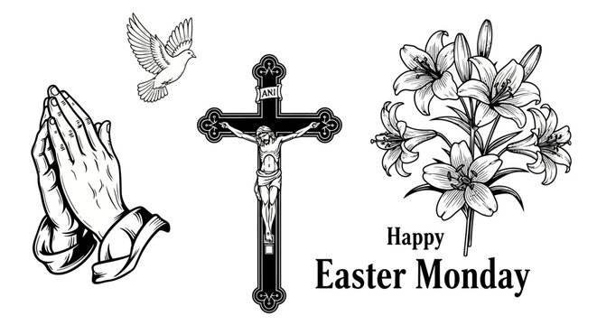 Black and white easter monday religious illustration set with cross with including crucifix praying praying hands dove dove lilies text Christianity