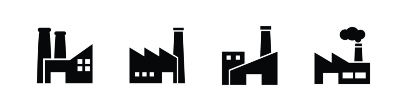 Factory Silhouette Icons Set Industrial Buildings With Chimneys On White Background