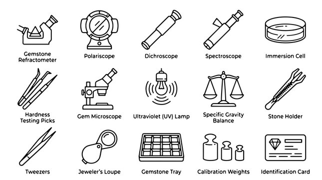 Gemology equipment line icons, 15 professional jewelry testing tools, gemstone appraisal and laboratory instrument vector set