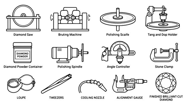 Industrial diamond processing equipment icons, 13 jewelry manufacturing tools and machinery vectors, gemstone cutting and polishing set