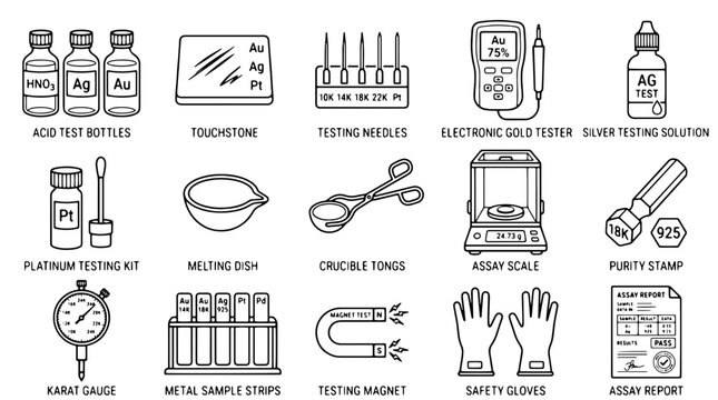 Professional gold testing equipment icons, 15 jewelry assay tool vectors, precious metal purity verification set for jewelers