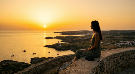 Fototapeta premium Woman sitting alone on rocky shore watching sunset over calm ocean horizon
