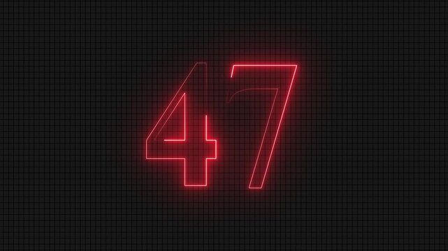 Neon red glowing number forty seven on dark grid