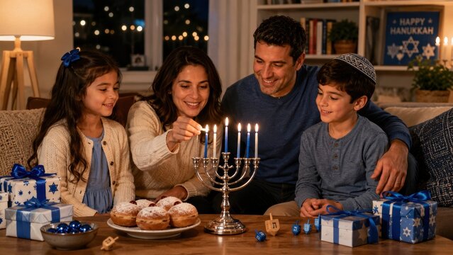 family celebrates Hanukkah together, lighting the menorah surrounded by gifts, donuts, and dreidels, sharing warmth and joy during the holiday.