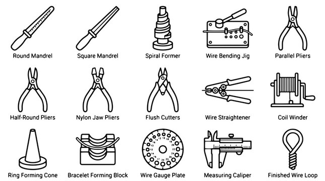 Jewelry making tools icon set, 15 professional wire working equipment vectors, goldsmith pliers and mandrels for jewelry design