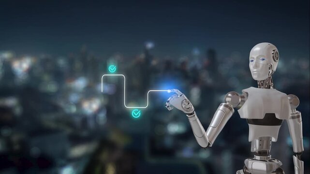 Futuristic robot cyborg optimizing ai enterprise workflow management outdoor city night background digital automation technology