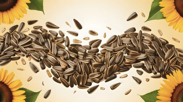Organic sunflower seeds flying in motion between four vibrant yellow flower heads on light beige background
