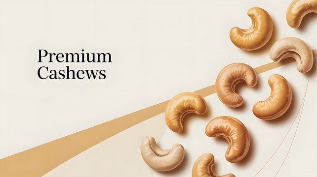 Premium roasted cashew nuts arranged artistically on a light beige background for modern healthy food branding