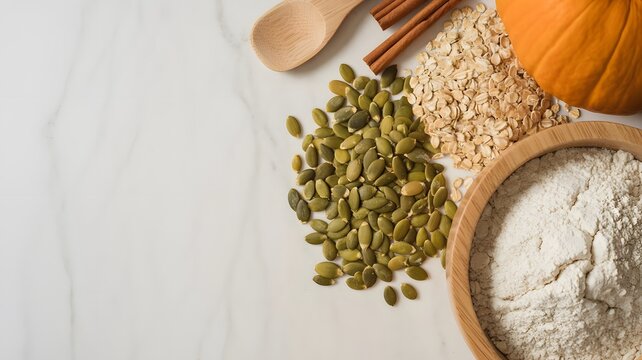 Raw pumpkin seeds with organic oat flakes and flour arranged on a bright white marble surface