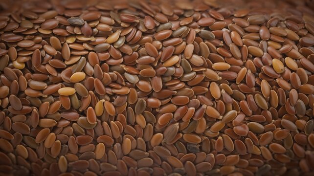 Raw brown flax seeds arranged in a dense pattern forming a beautiful organic food texture background