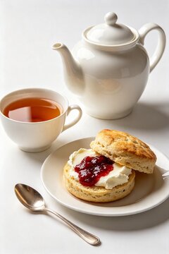 Classic British Afternoon Tea Scone with Clotted Cream and Jam 45 Degree Angle