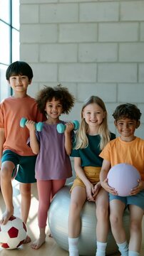 Group of diverse children in a gym with exercise balls and a soccer ball for kids fitness class poster and school activity banner