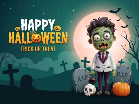 Cute Cartoon Zombie Character for Halloween Trick or Treat Poster Design